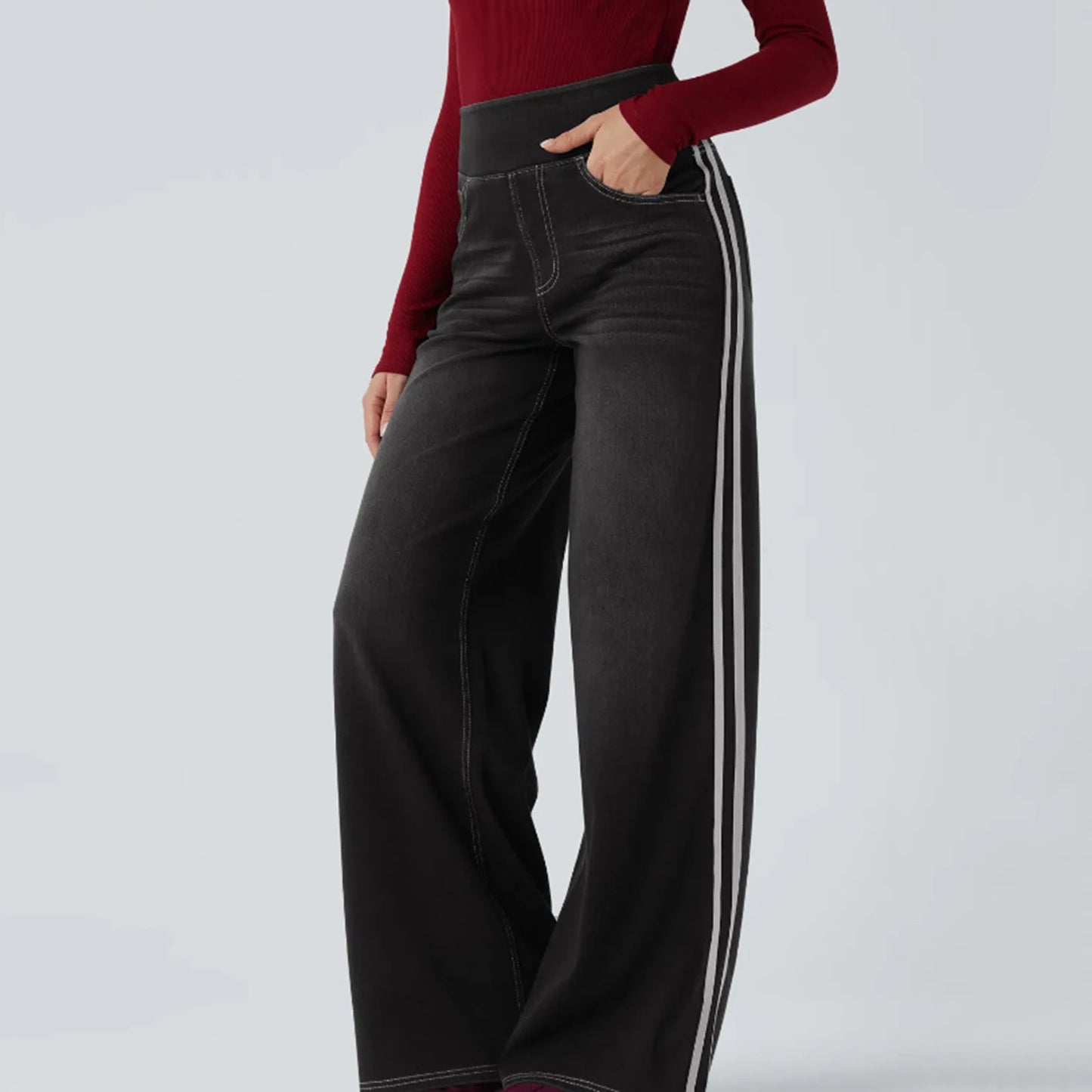 Washed Side Striped Wide-Leg Jean