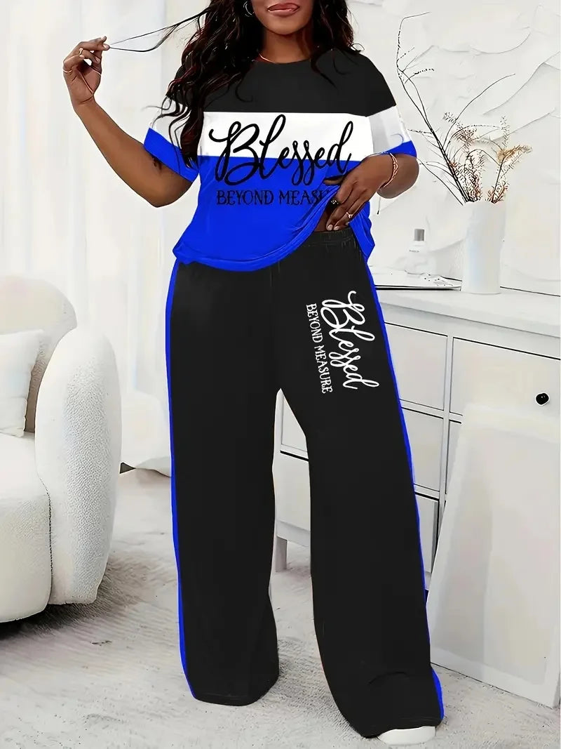Casual Short-Sleeved Striped Printed Loose Pocket Pants Set