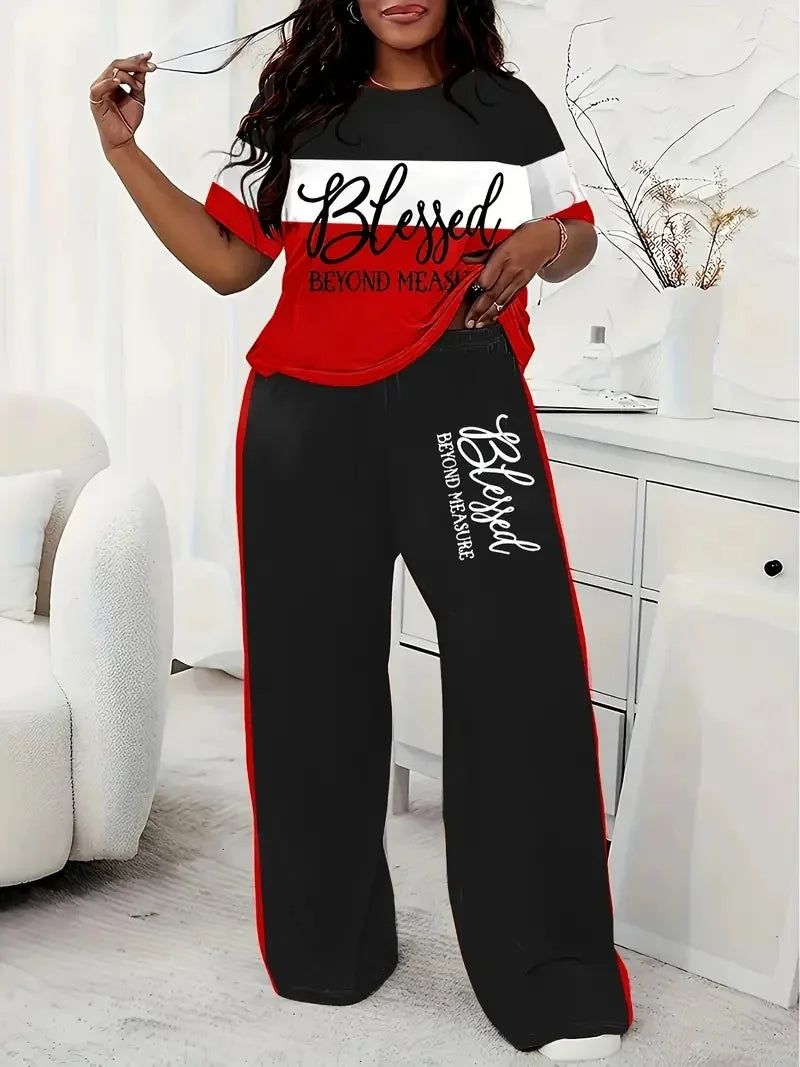 Casual Short-Sleeved Striped Printed Loose Pocket Pants Set