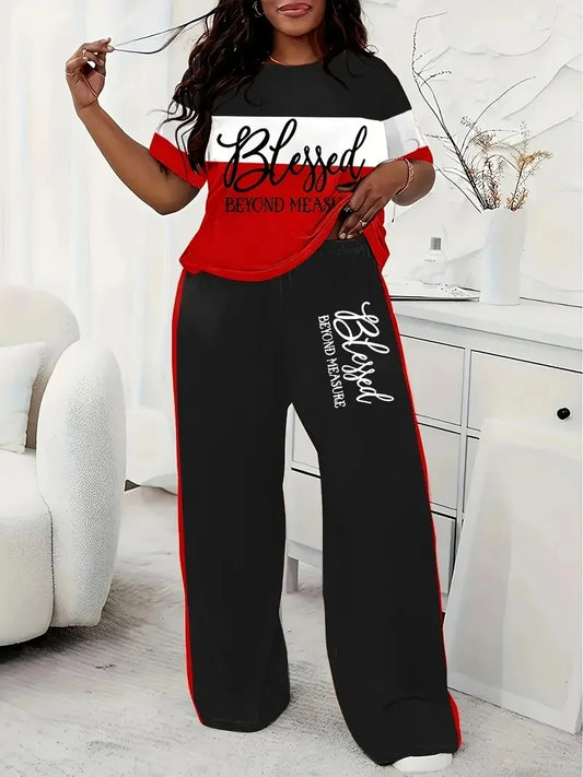 Casual Short-Sleeved Striped Printed Loose Pocket Pants Set