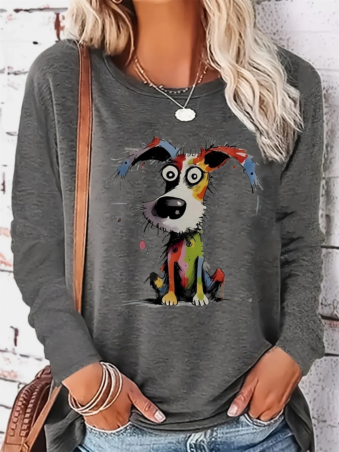 Casual Painted Cute Dog Print Round Neck Long Sleeved T-shirt