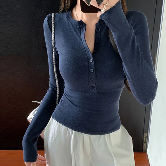 Solid Single Breasted Long Sleeve  Casual Basic T-shirt