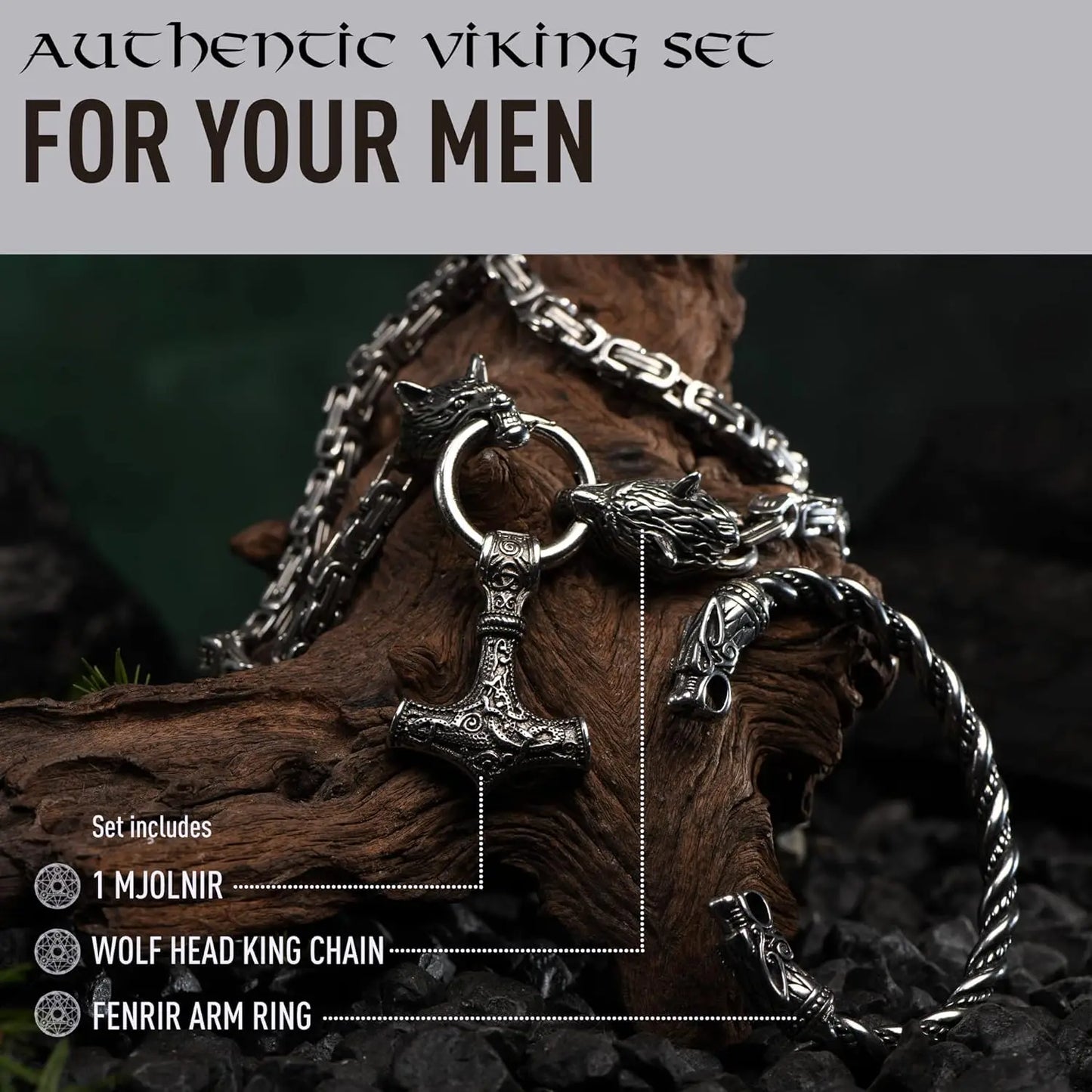 Stainless Steel Thor’s Hammer Necklace with Wolf Heads