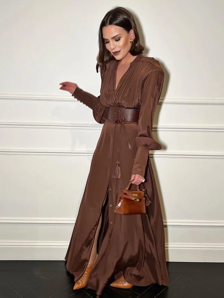V Neck High Waist Belt Long Sleeves Gown
