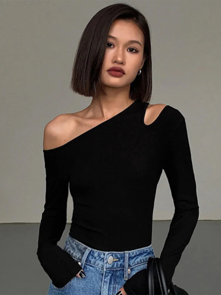 Collar Off-shoulder Long-sleeved T-shirt