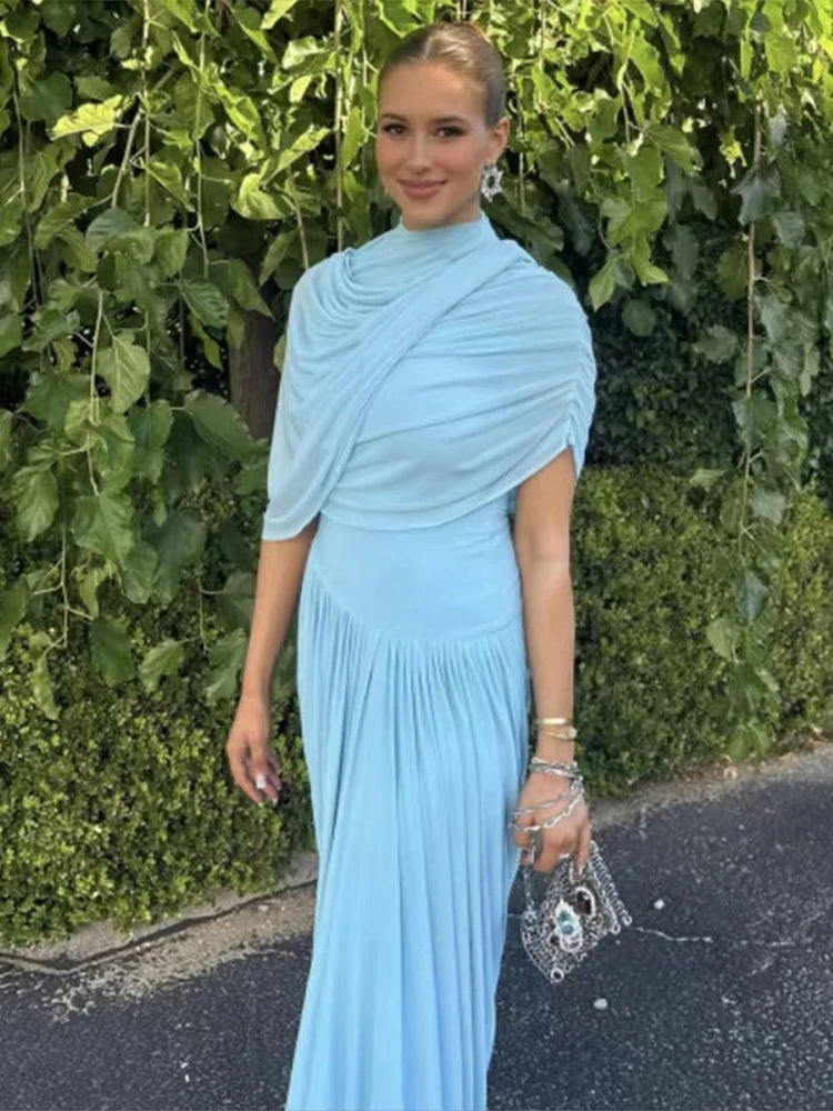 Pleated Wrapped Cape Style Layered Dress