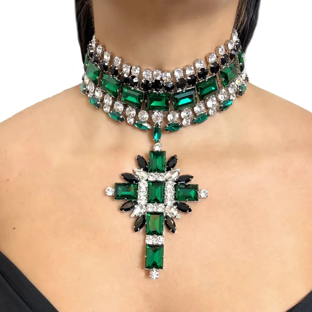 Green Cross Necklace Earrings Set f