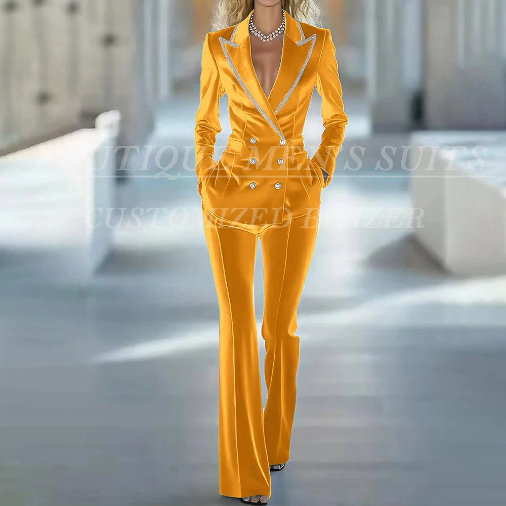 Fashion Women's Suits 2 Piece Jacket Pants Sets Elegant Double Breasted Female Velvet Clothing Office Lady Outfits Costume