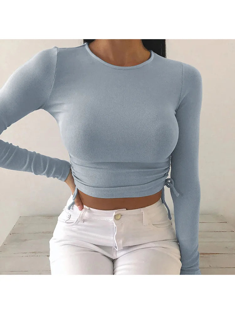 O-Neck Long Cropped Solid T-Shirt