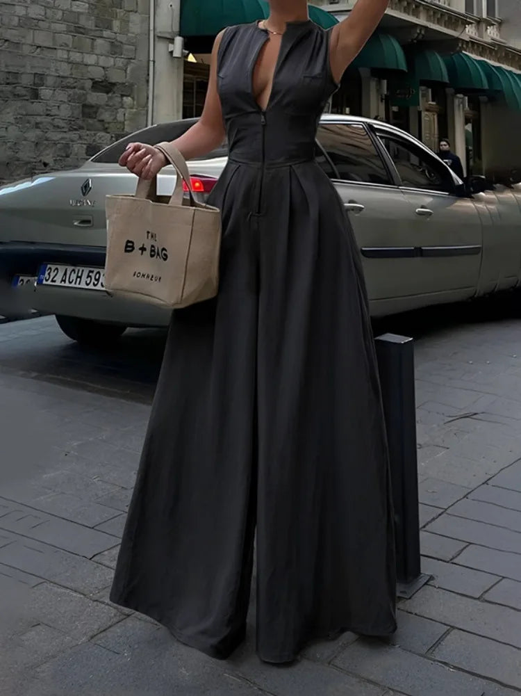 Solid Color Zipper V-Neck Sleeve-less Jumpsuit