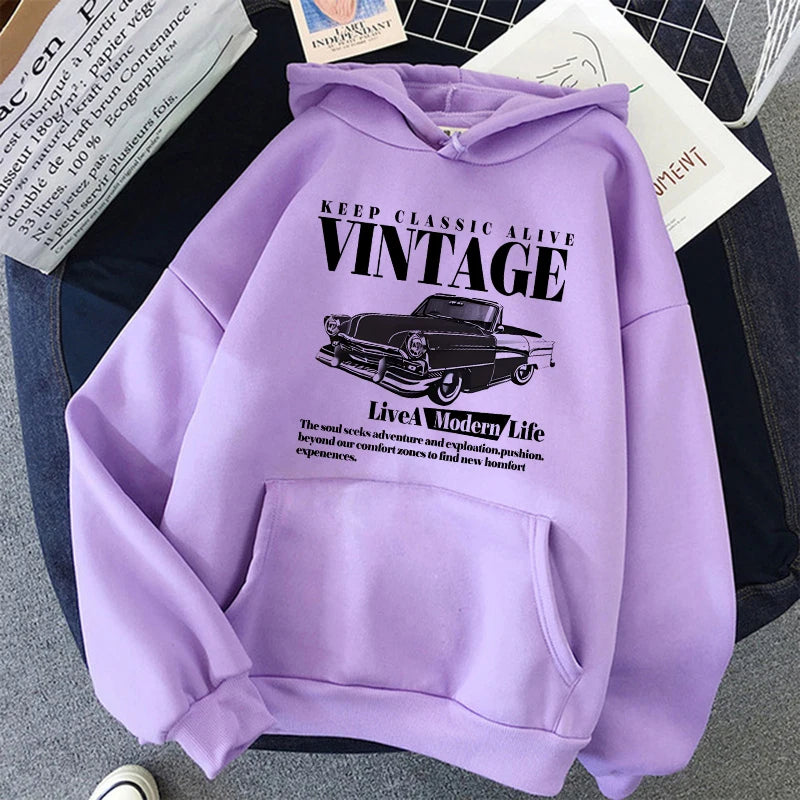 Vintage Car Retro Casual Graphic Print Hoodie