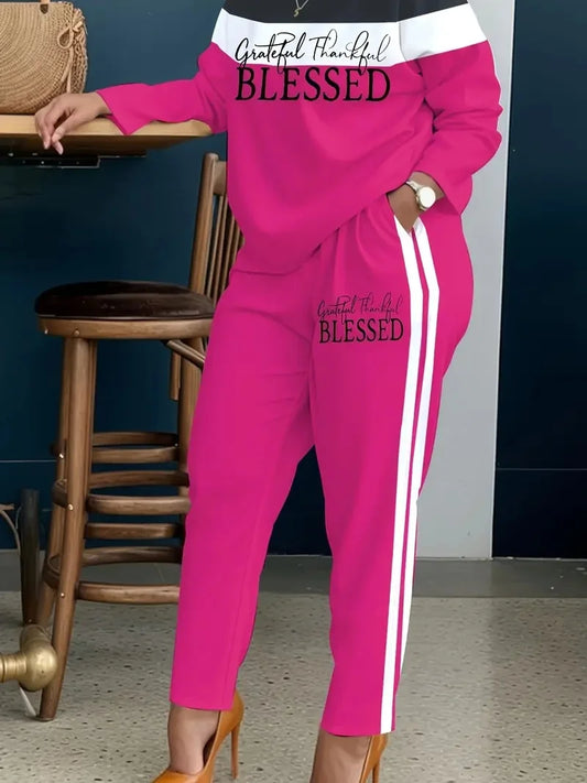 Letter Print Striped Color-Blocked Jumpsuit -Two-Piece Set