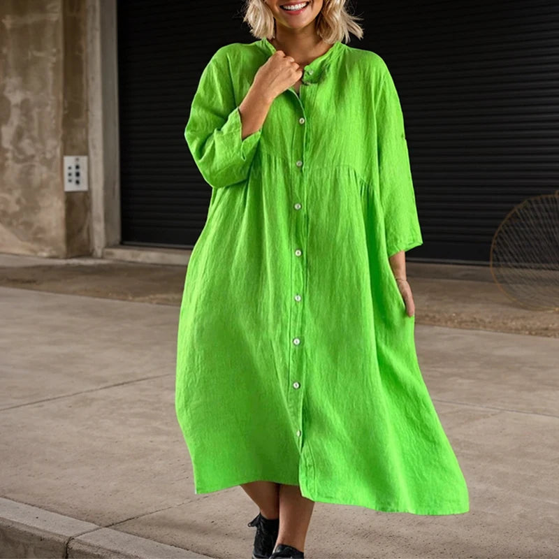 Long Sleeve Button O-neck Loose Dress