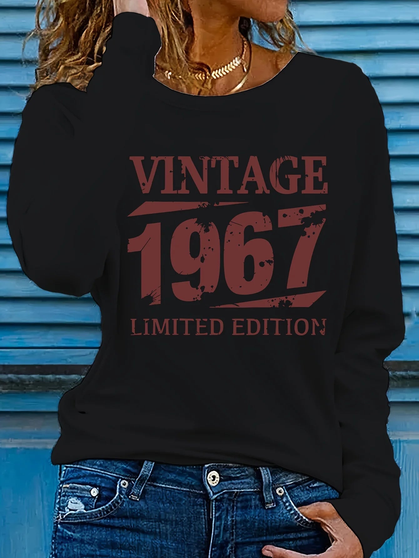 Casual VINTAGE 1967 Letter Printed Round Neck Long Sleeve T-shirt
