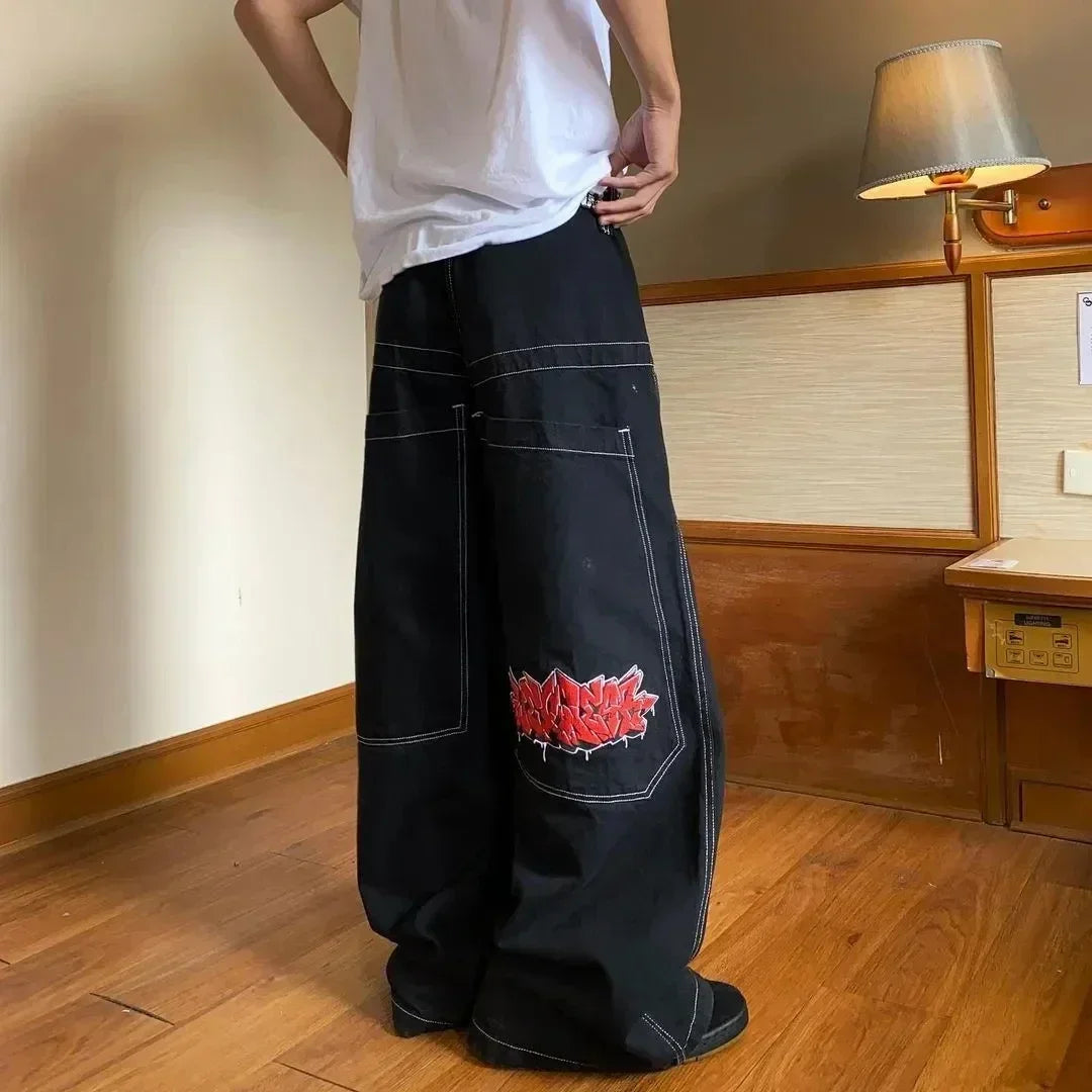 Baggy Red Print Grey Washed Unsex Wide Leg Jean
