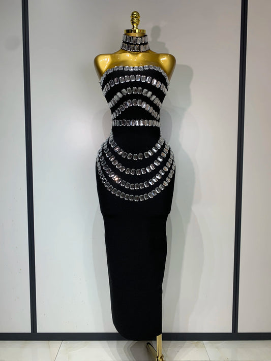 Strapless Black Bead Elegant Evening Dress