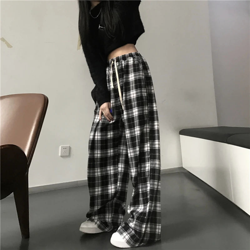 Black Plaid Casual Baggy Elastic Waist Trousers