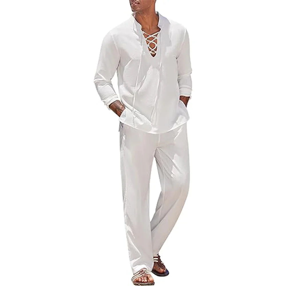 2pcs Men's Cotton Linen Shirt and Pants