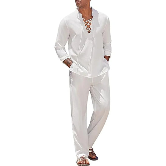 2pcs Men's Cotton Linen Shirt and Pants