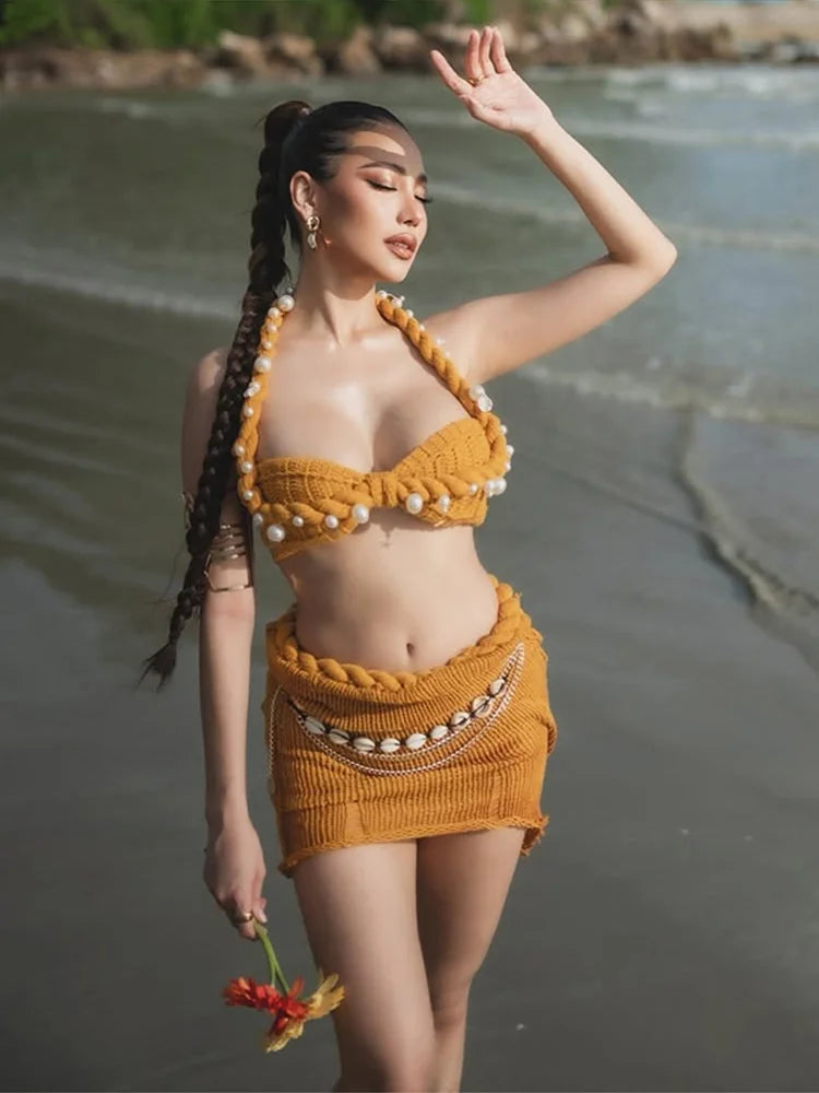 Twist Halter Crop Vest /Mini Skirt Swimwear