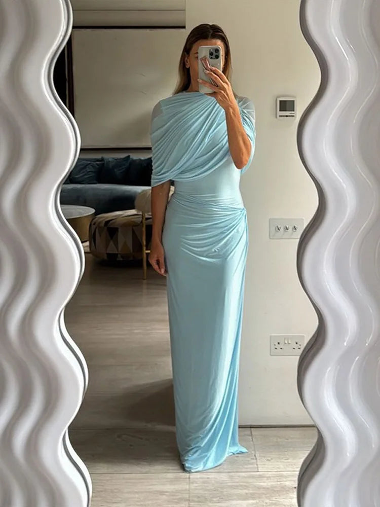 Pleated Wrapped Cape Style Layered Dress