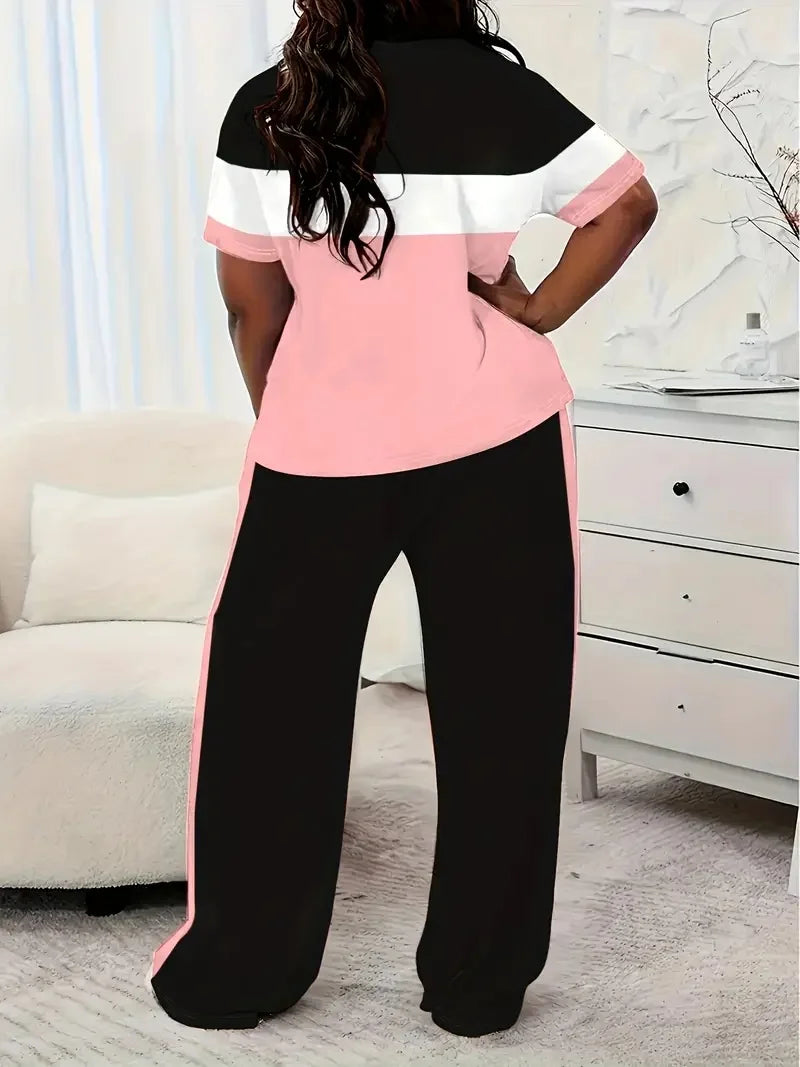Casual Short-Sleeved Striped Printed Loose Pocket Pants Set