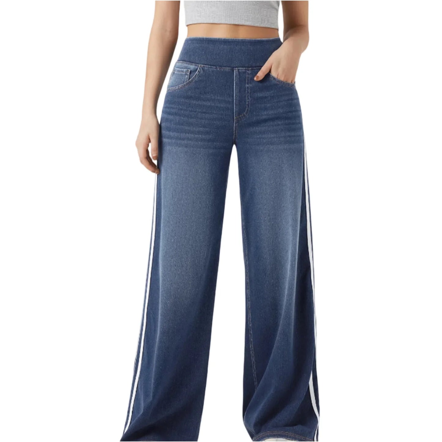 Washed Side Striped Wide-Leg Jean