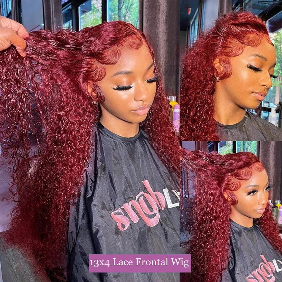 Burgundy 13X4 Curly Colored Deep Wave Frontal Wig