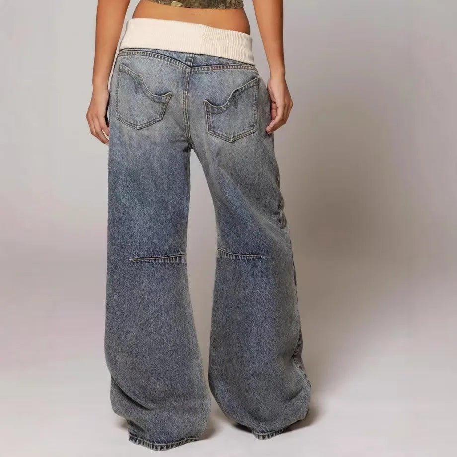 Retro Hip-Hop Patchwork Blue Low Waist Oversize Loose Wide Leg Jean