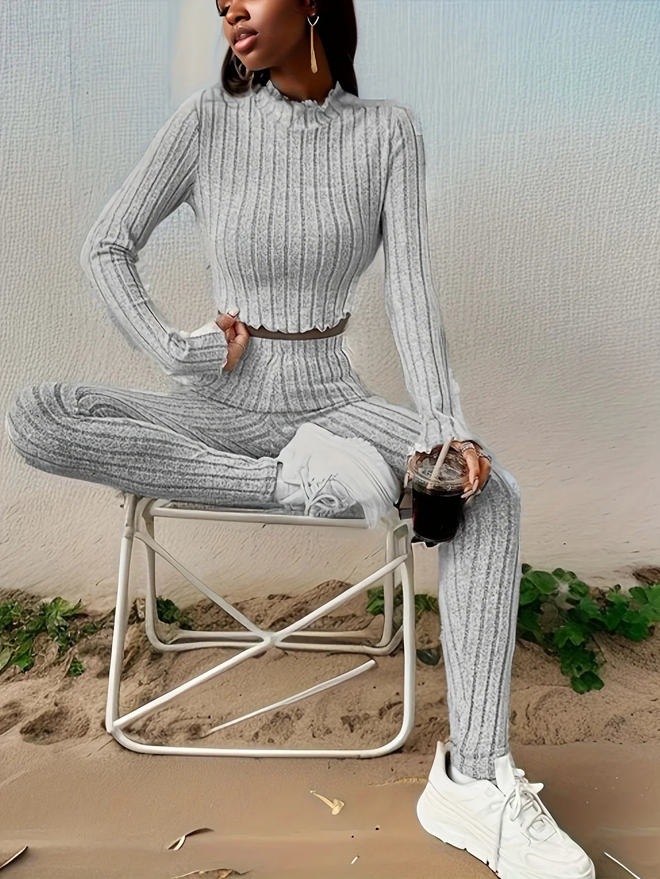 Mocked Neck Casual Ribbed Sweater Two-piece Set