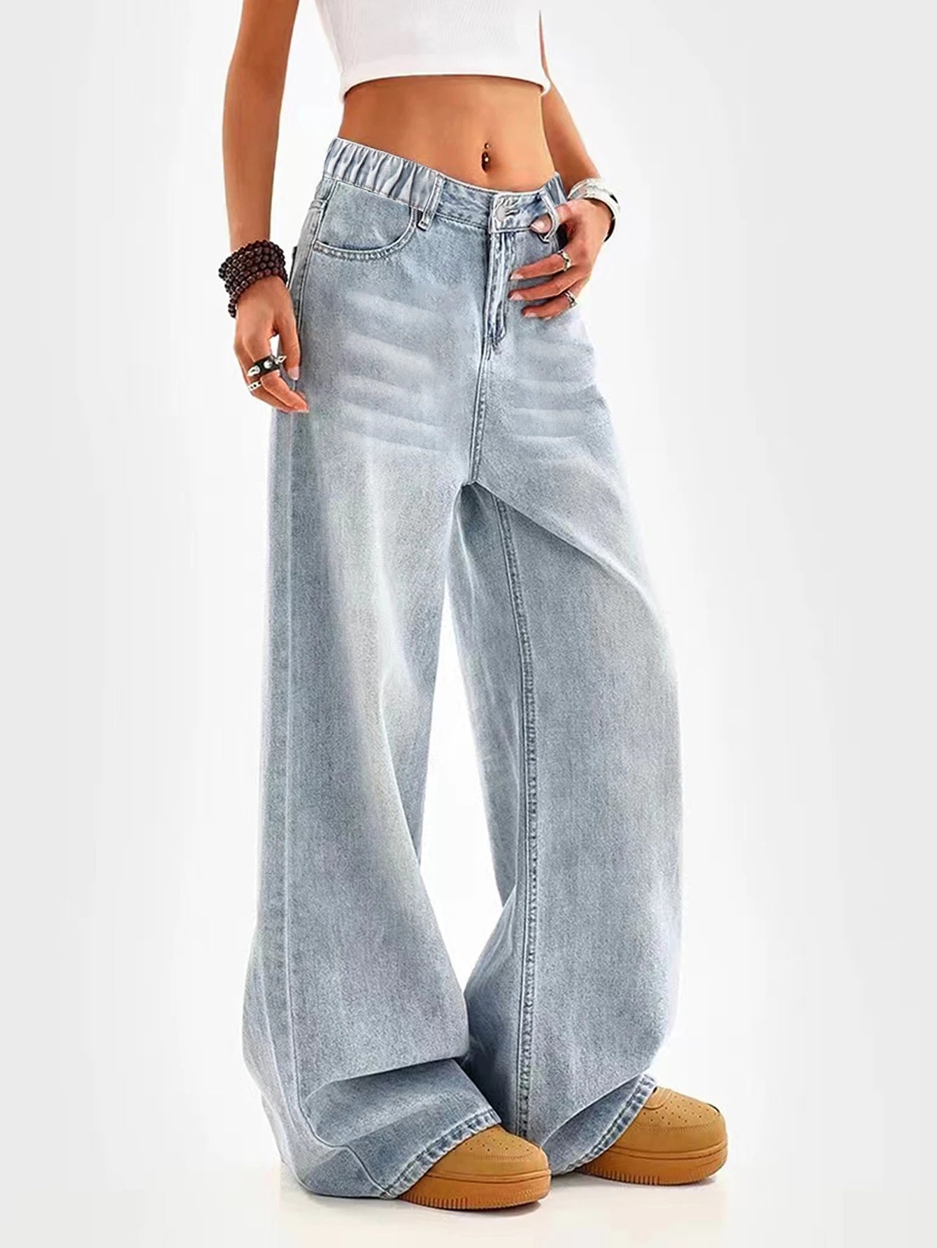 Blue Loose Wide-leg Straight Long Jeans