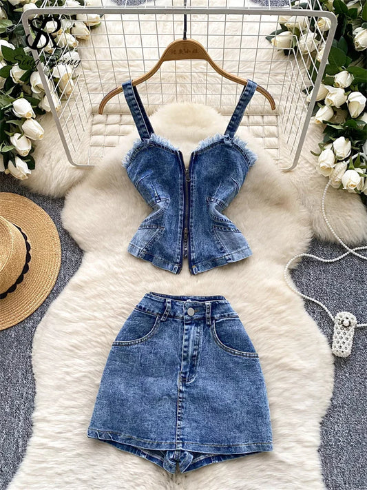Denim Zipper Mini Two Piece Set