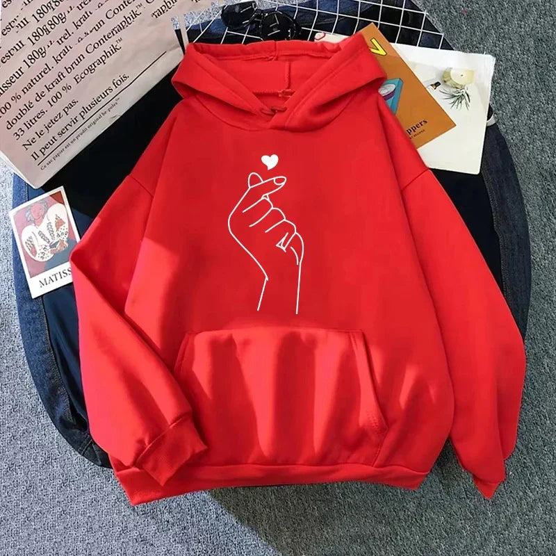 Hand Heart Printed Casual Hoodie Pullover Top