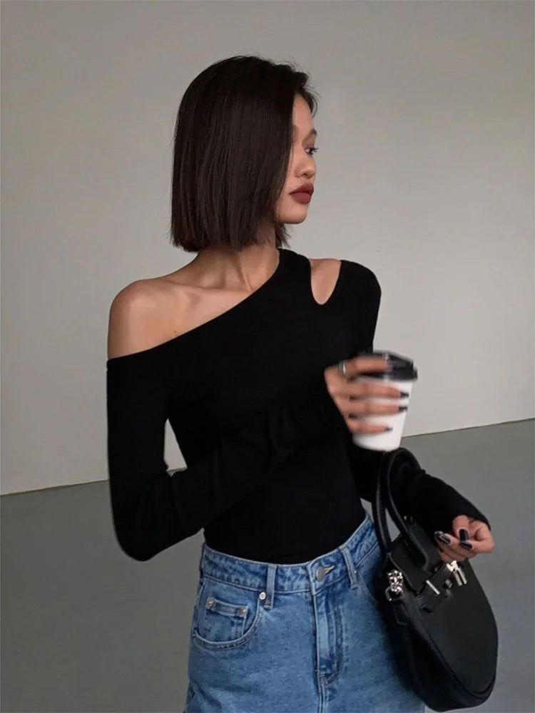 Collar Off-shoulder Long-sleeved T-shirt