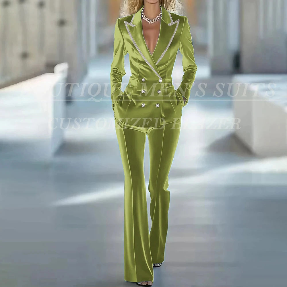 Fashion Women's Suits 2 Piece Jacket Pants Sets Elegant Double Breasted Female Velvet Clothing Office Lady Outfits Costume