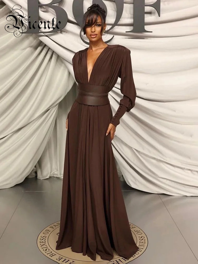 V Neck High Waist Belt Long Sleeves Gown