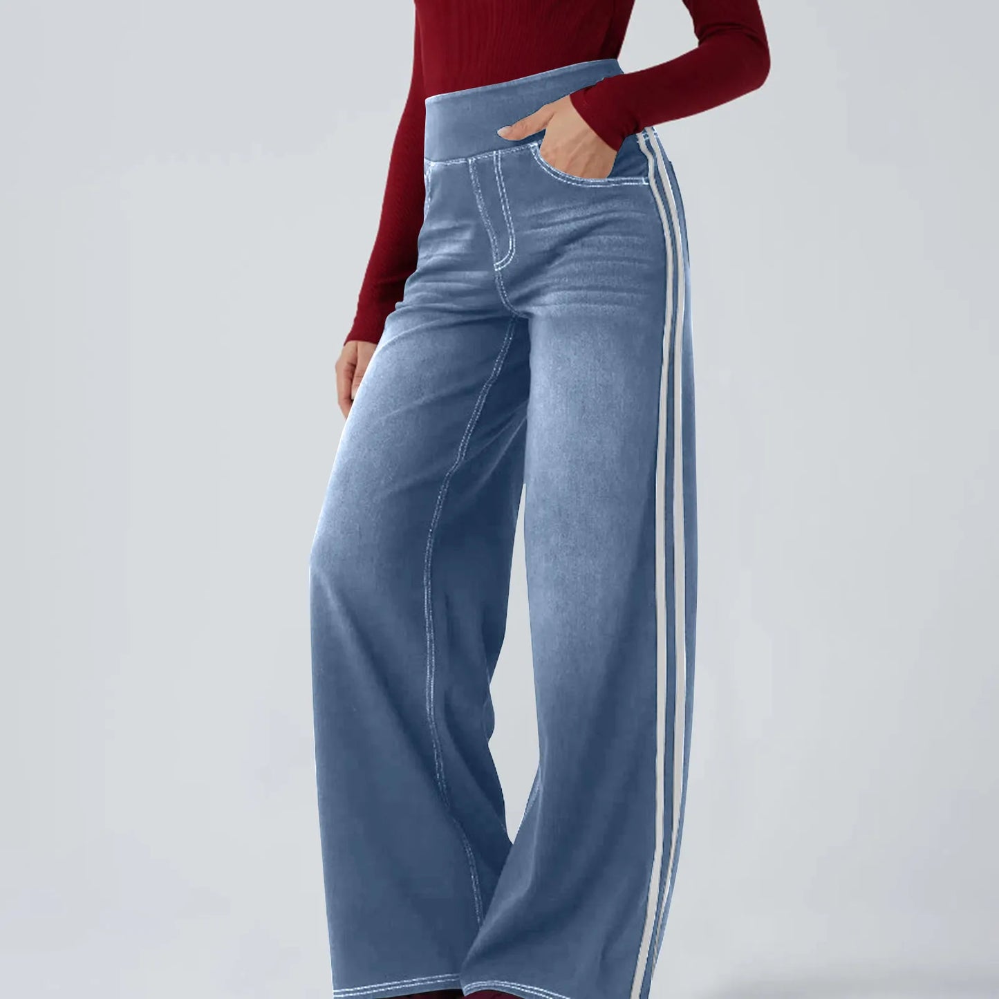 Washed Side Striped Wide-Leg Jean