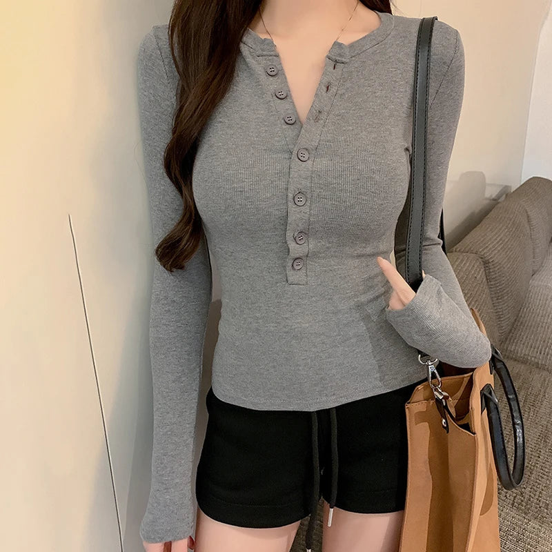 Solid Single Breasted Long Sleeve  Casual Basic T-shirt