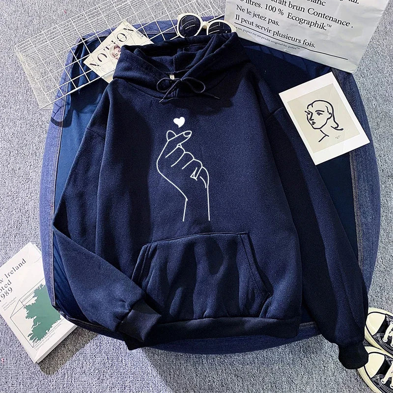 Hand Heart Printed Casual Hoodie Pullover Top