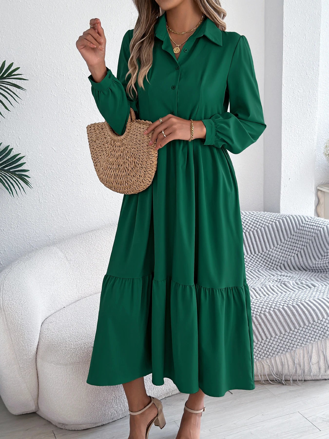 Casual Long Sleeved Mid-calf Dress