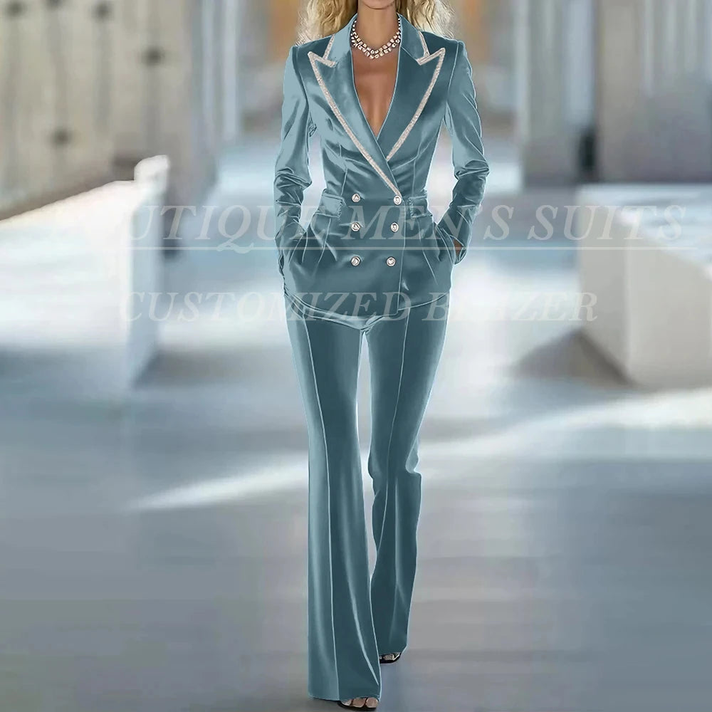 Fashion Women's Suits 2 Piece Jacket Pants Sets Elegant Double Breasted Female Velvet Clothing Office Lady Outfits Costume