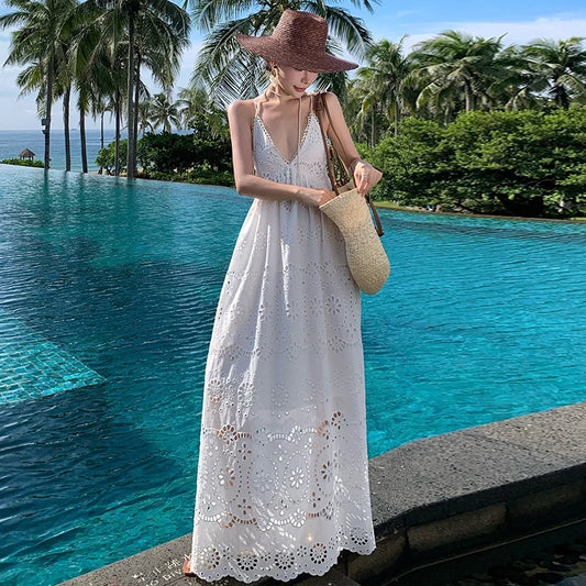 White Embroidery V-Neck Dress