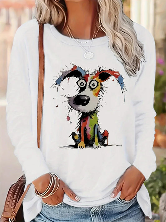 Casual Painted Cute Dog Print Round Neck Long Sleeved T-shirt