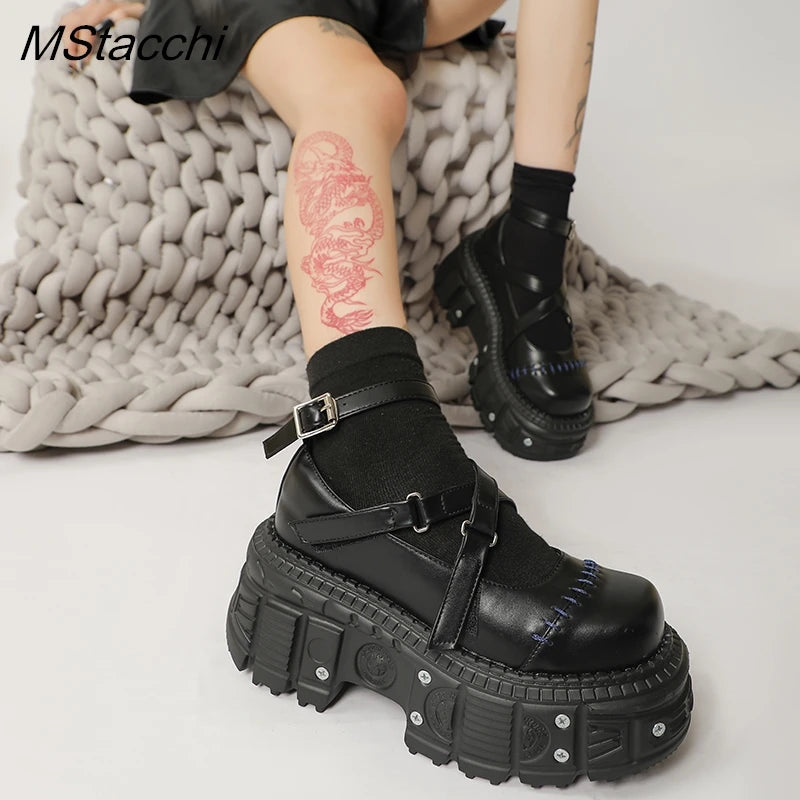 Flat Platform Rivet Buckle Strap Shoes