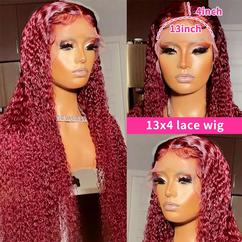 Burgundy 13X4 Curly Colored Deep Wave Frontal Wig