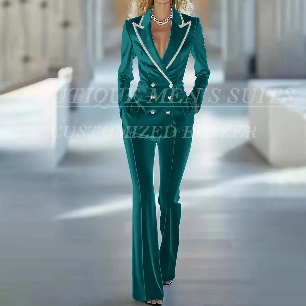 Fashion Women's Suits 2 Piece Jacket Pants Sets Elegant Double Breasted Female Velvet Clothing Office Lady Outfits Costume