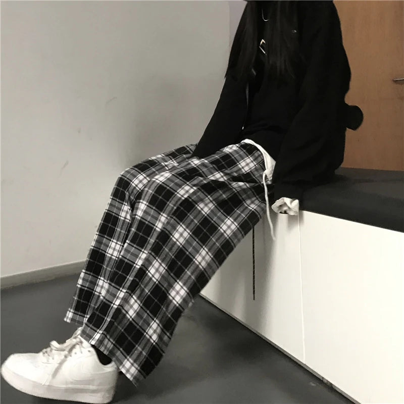 Black Plaid Casual Baggy Elastic Waist Trousers