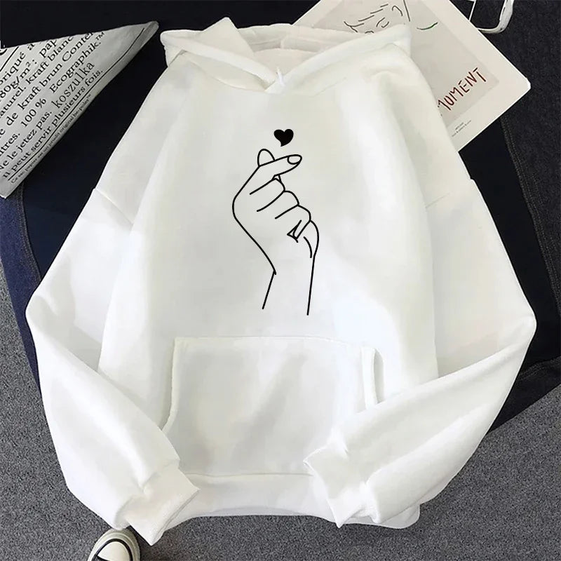 Hand Heart Printed Casual Hoodie Pullover Top