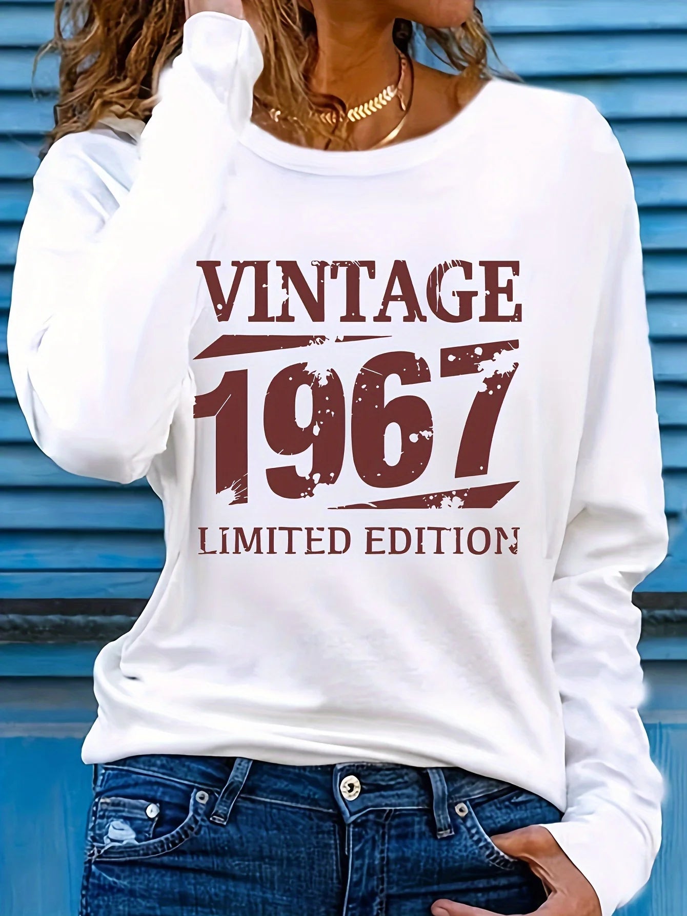 Casual VINTAGE 1967 Letter Printed Round Neck Long Sleeve T-shirt