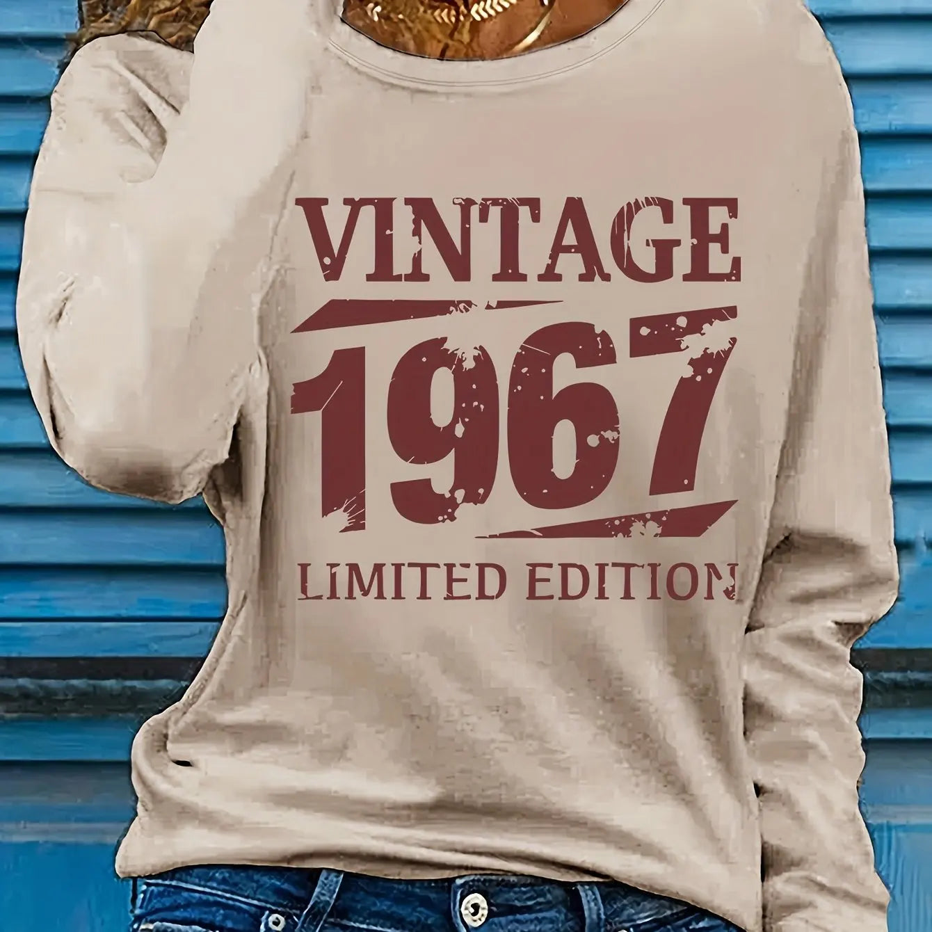 Casual VINTAGE 1967 Letter Printed Round Neck Long Sleeve T-shirt